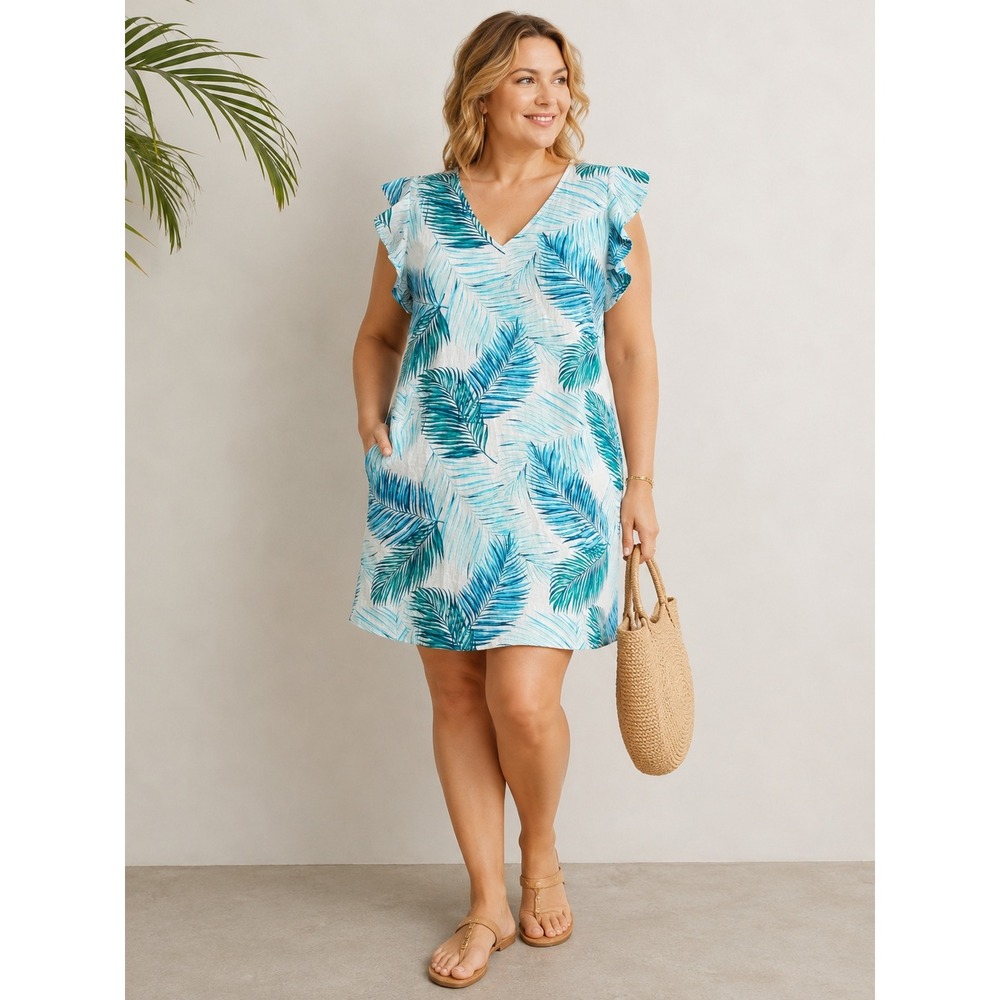 Tahari Linen Palm Leaf Tropical Shift Dress White Blue V-Neck Ruffle Sleeve L